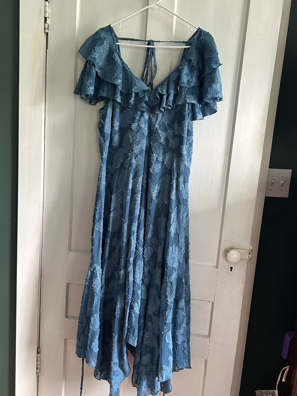 Blue Floral Ruffle Lace Midi Dress